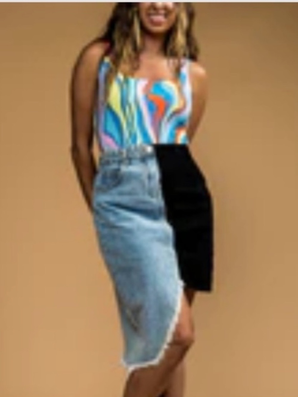 DIL One-Piece Bodysuit in Blue, Red, Pink & Green Wave Print size Large